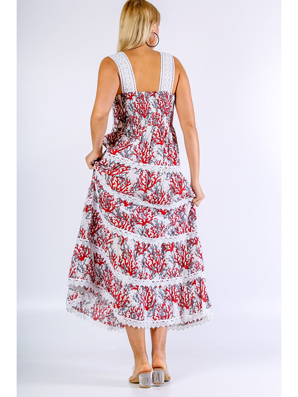 İtalyan Beyaz Kırmızı V Yaka Kolsuz Desenli Dantelli Dokuma Elbise-1