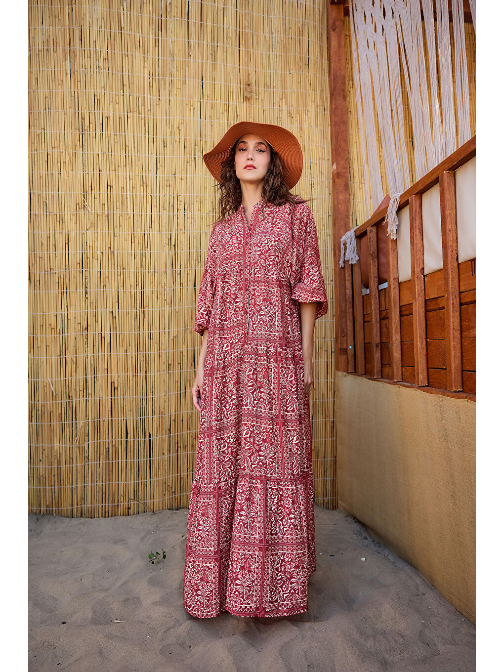 Kadın Etnik Desenli Elbise Kırmızı-3