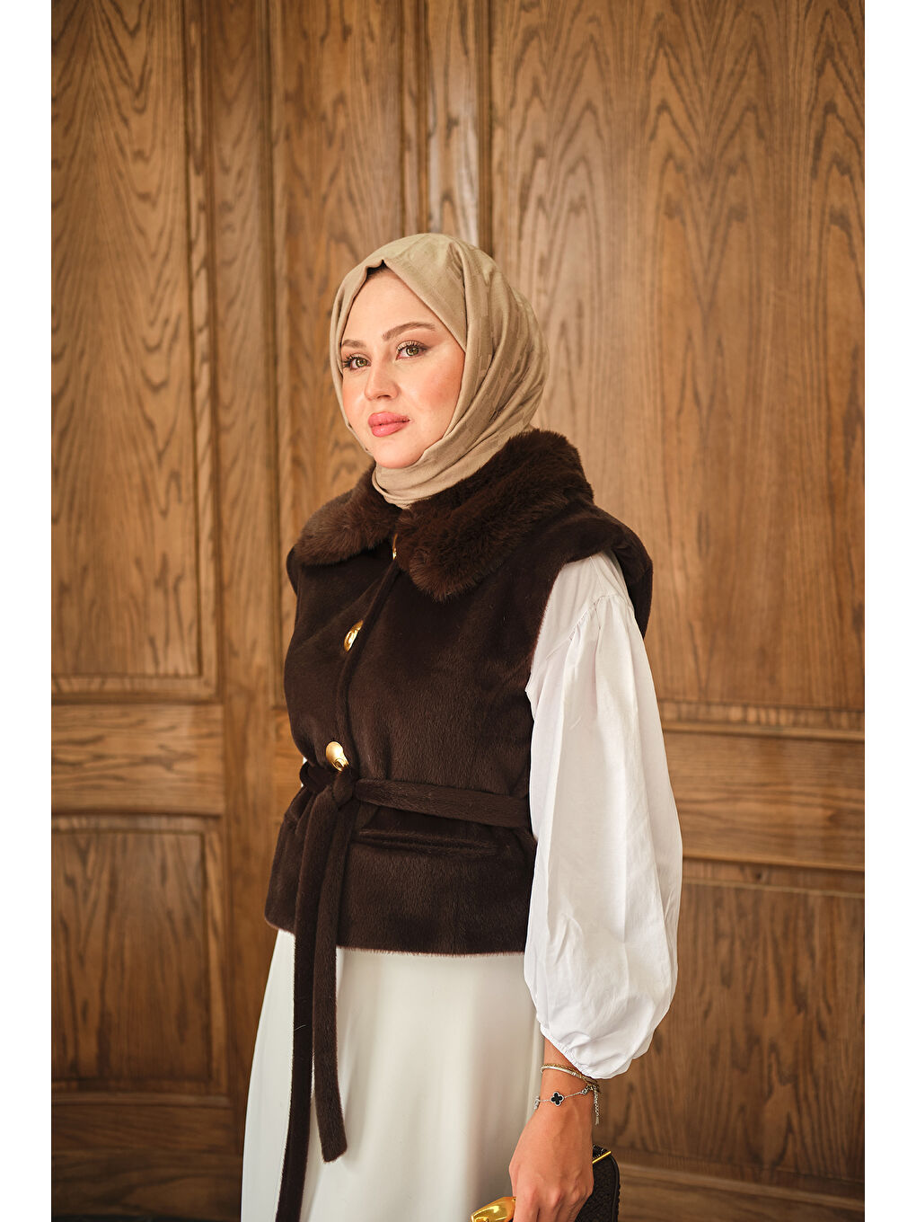 Kadın Yaka Kürklü Yelek Kahverengi-2