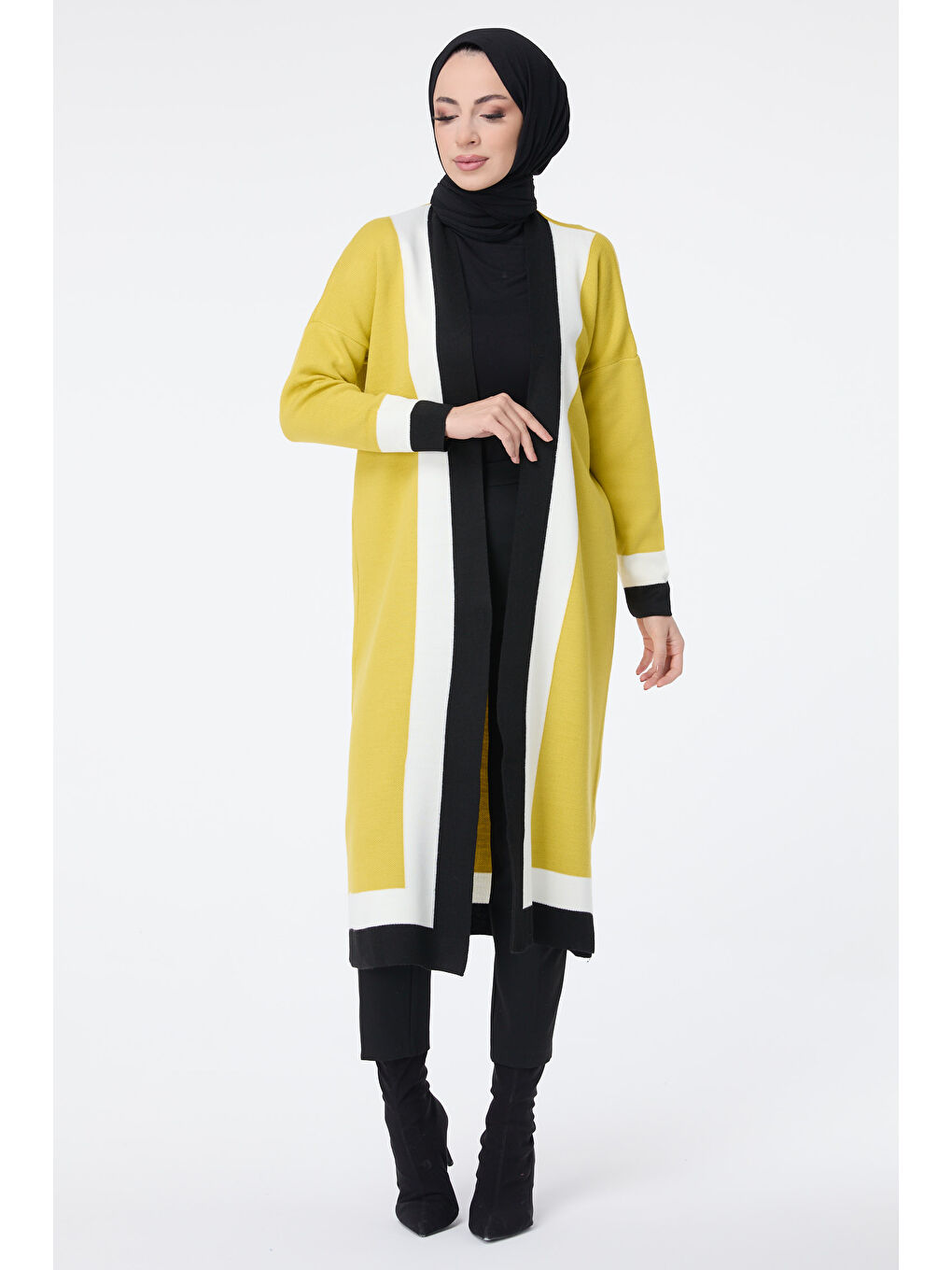 Yeşil Şerit Detaylı Triko Uzun Hırka Fistik Yesili - 27625-1