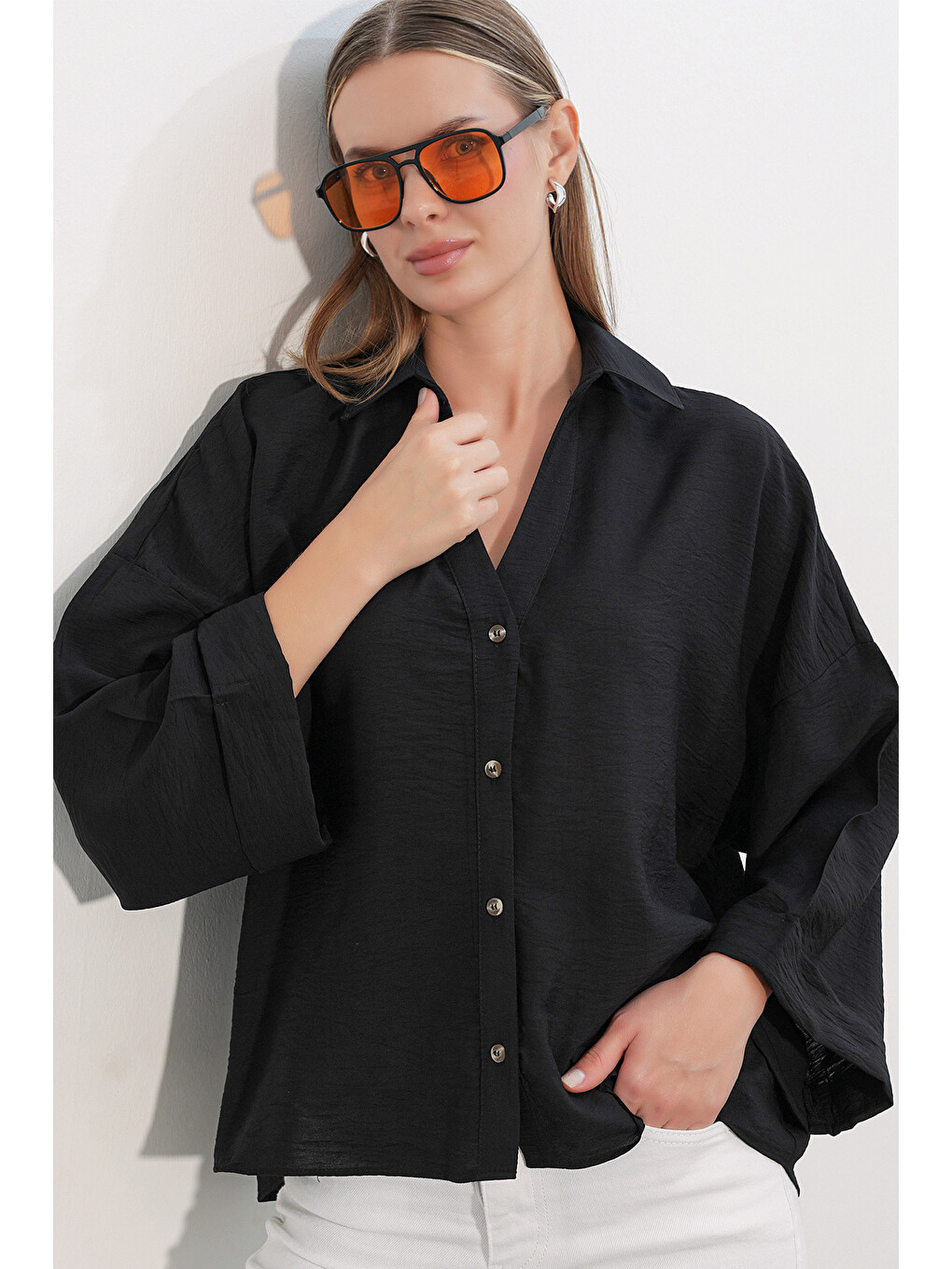Kadın Geniş Kol Oversize Gömlek 20401 - Siyah-2
