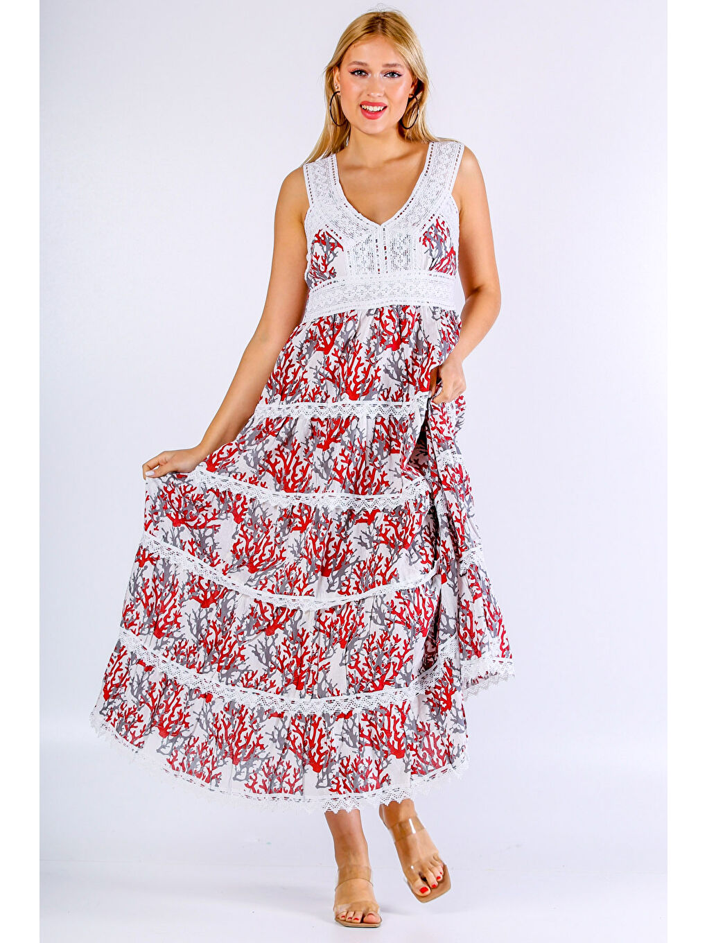 İtalyan Beyaz Kırmızı V Yaka Kolsuz Desenli Dantelli Dokuma Elbise-2