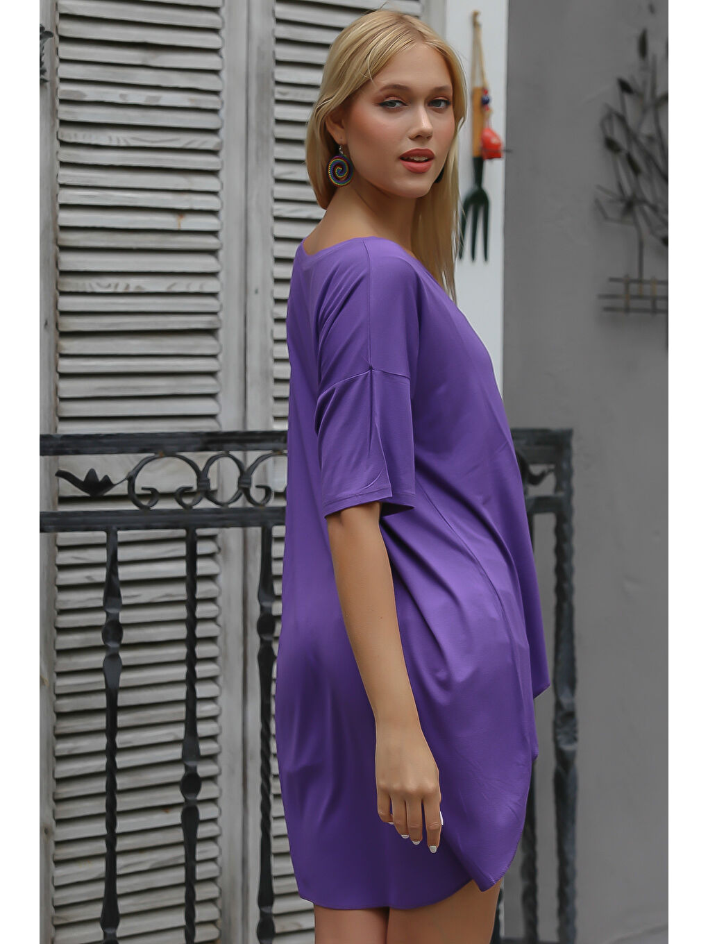 Lila Koyu Leylak Kayık Yaka Kısa Kol Örme Oversize T-Shirt-1