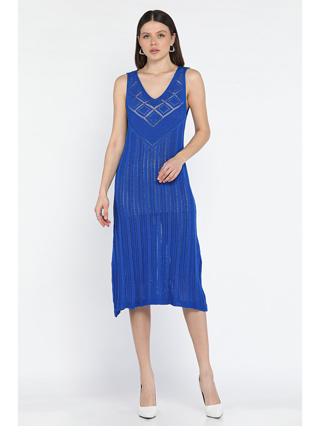 Mavi Örme Detaylı V Yaka Kadın Triko Elbise( İçlikle Giyilmesi Önerilir)-1