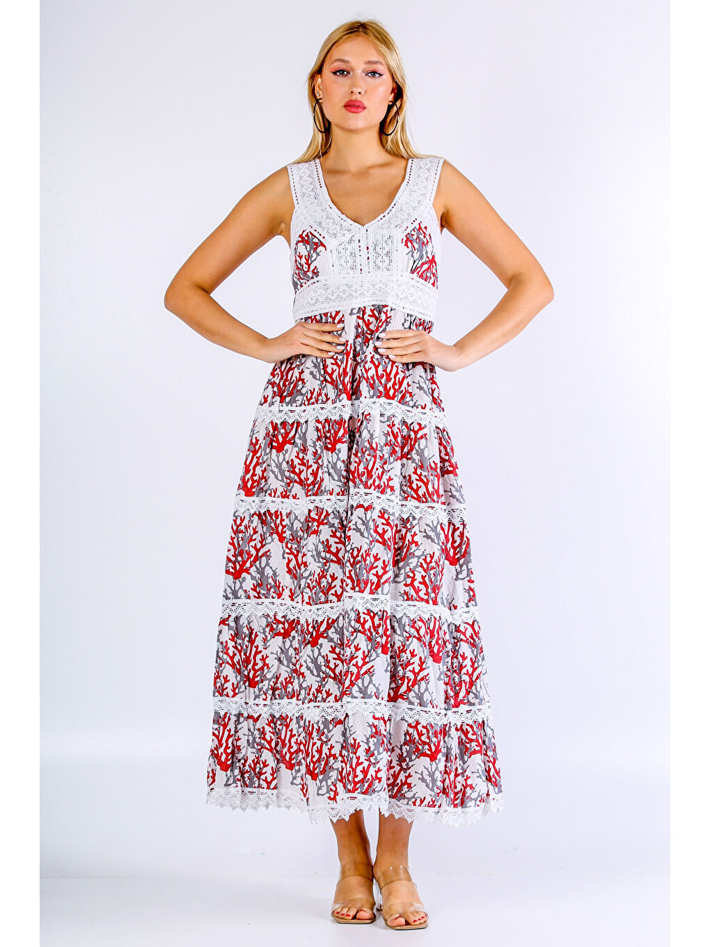 İtalyan Beyaz Kırmızı V Yaka Kolsuz Desenli Dantelli Dokuma Elbise-3