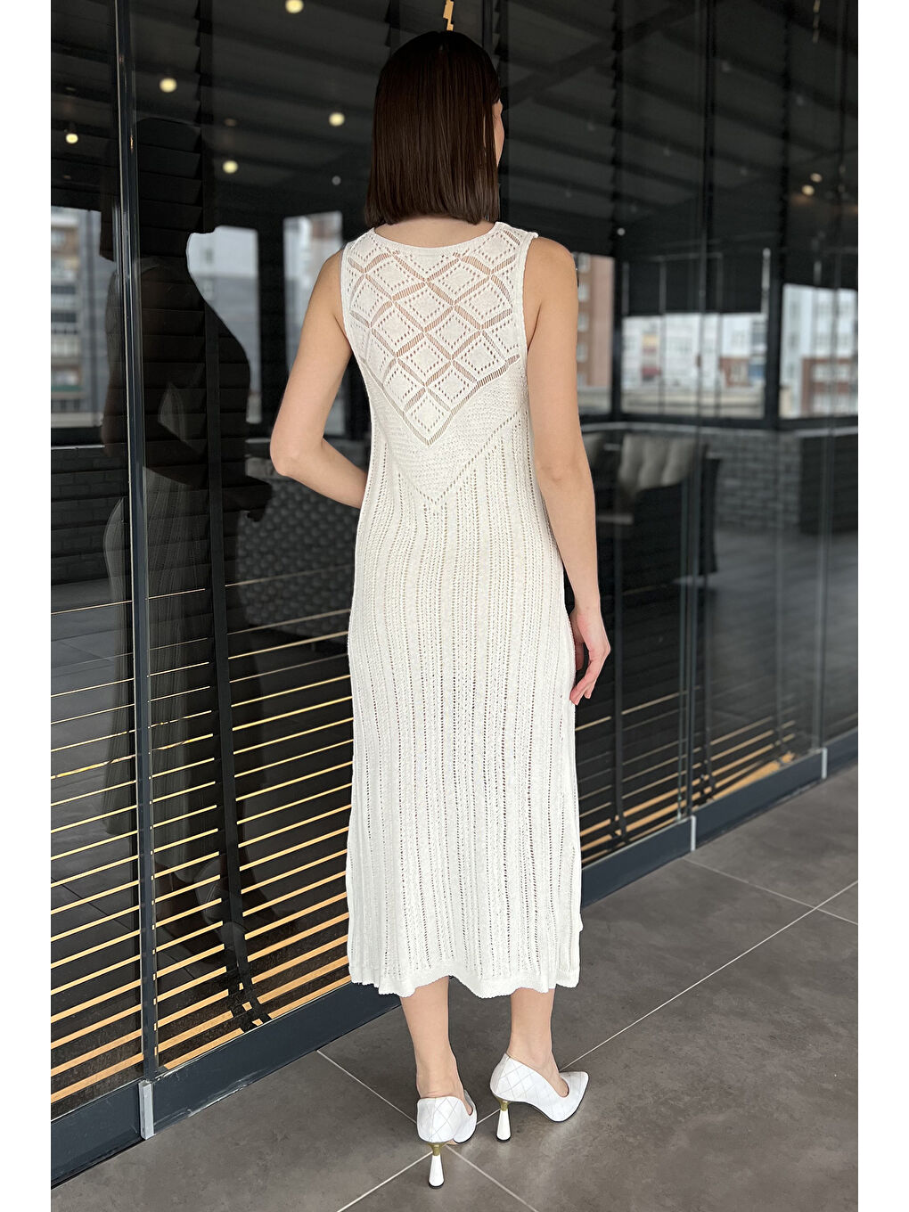 Ekru Örme Detaylı V Yaka Kadın Triko Elbise( İçlikle Giyilmesi Önerilir)-2