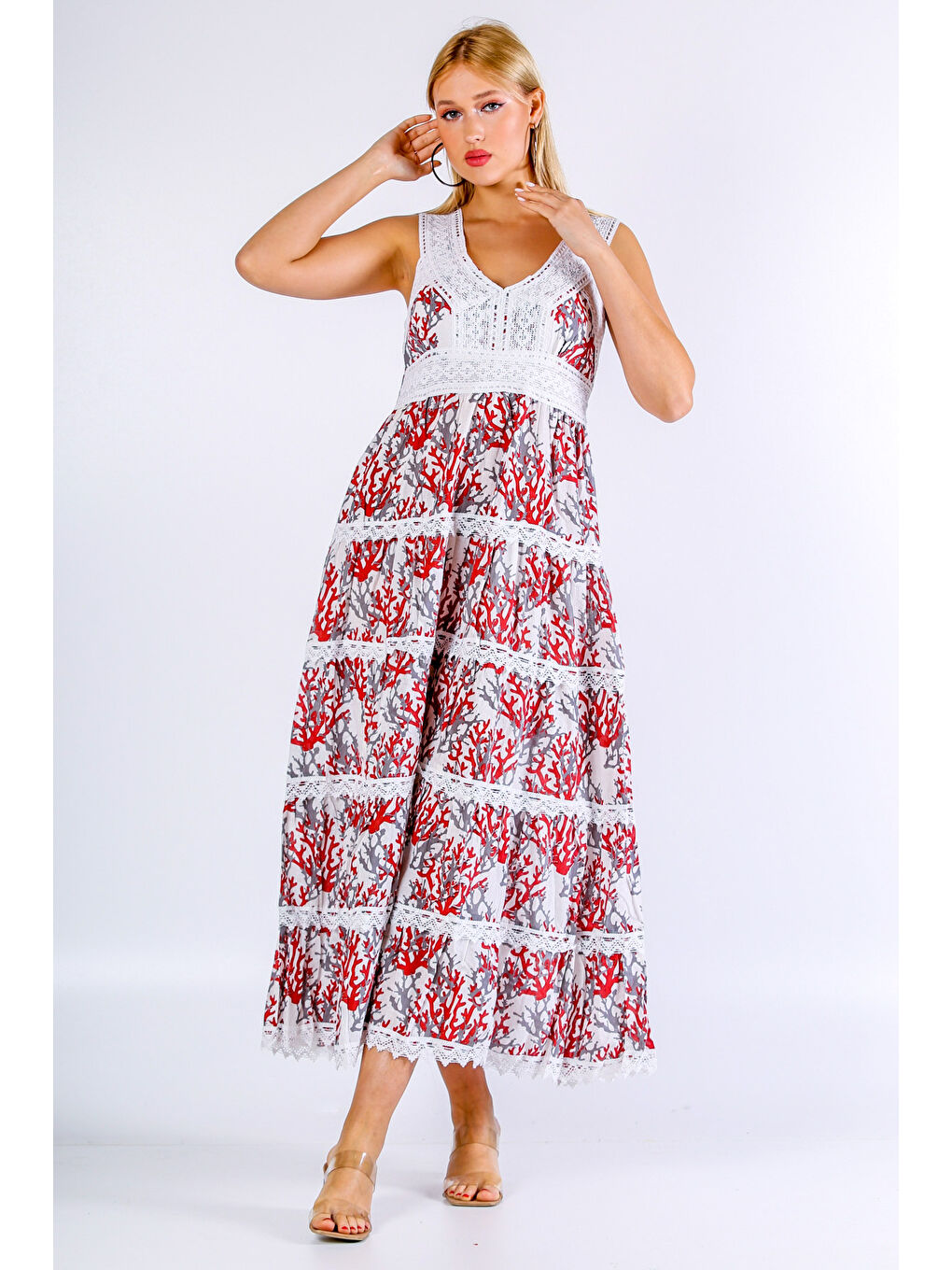 İtalyan Beyaz Kırmızı V Yaka Kolsuz Desenli Dantelli Dokuma Elbise-4