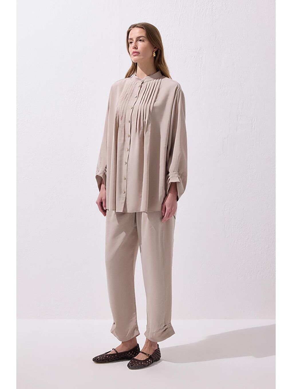 Bej Merly Gömlek Pantolon Takım Taş-1