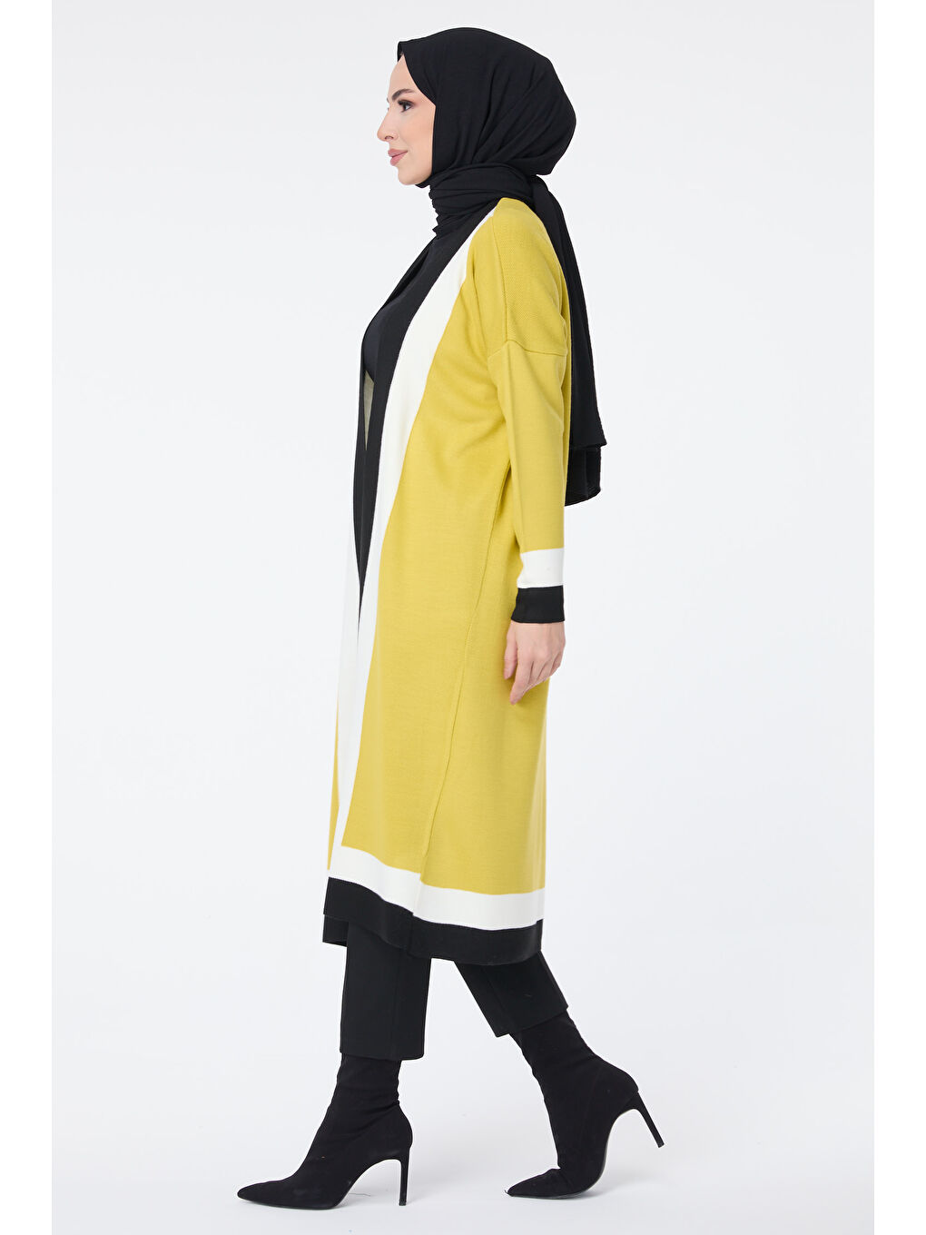 Yeşil Şerit Detaylı Triko Uzun Hırka Fistik Yesili - 27625-2