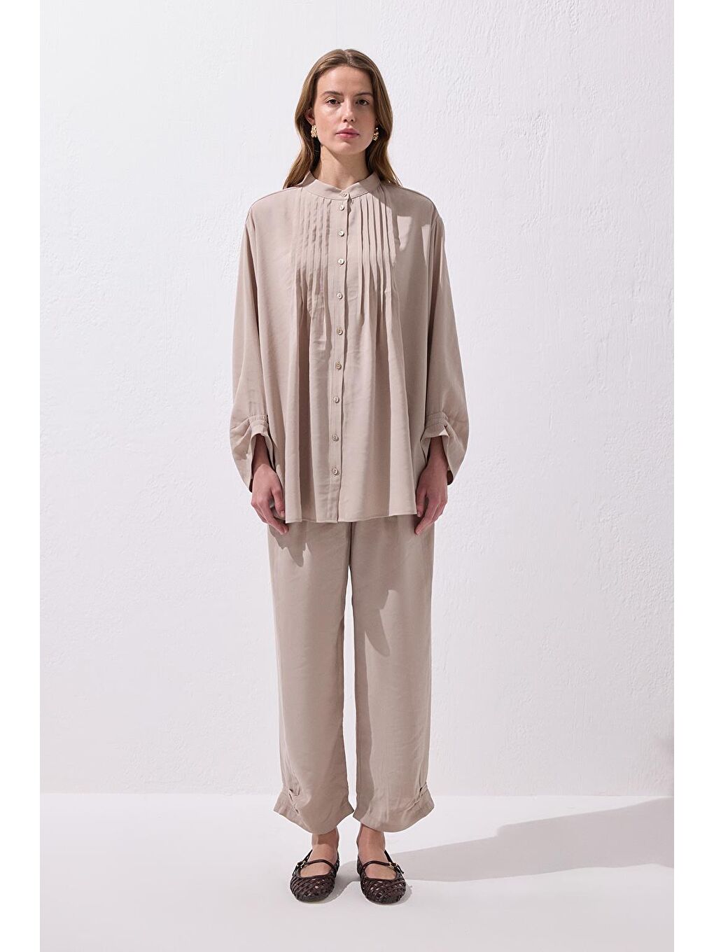 Bej Merly Gömlek Pantolon Takım Taş-2