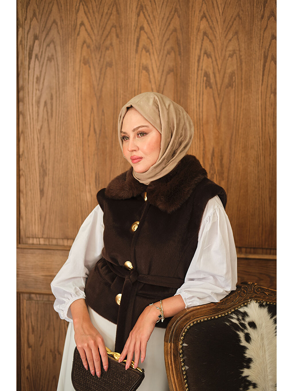 Kadın Yaka Kürklü Yelek Kahverengi-3