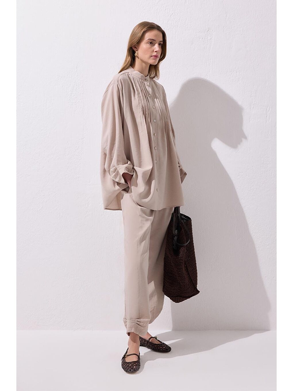 Bej Merly Gömlek Pantolon Takım Taş-3