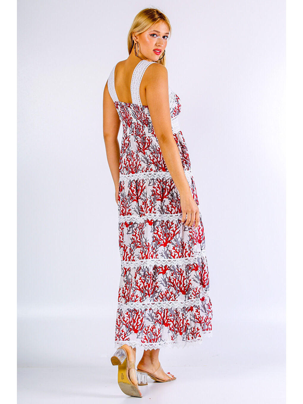 İtalyan Beyaz Kırmızı V Yaka Kolsuz Desenli Dantelli Dokuma Elbise-5