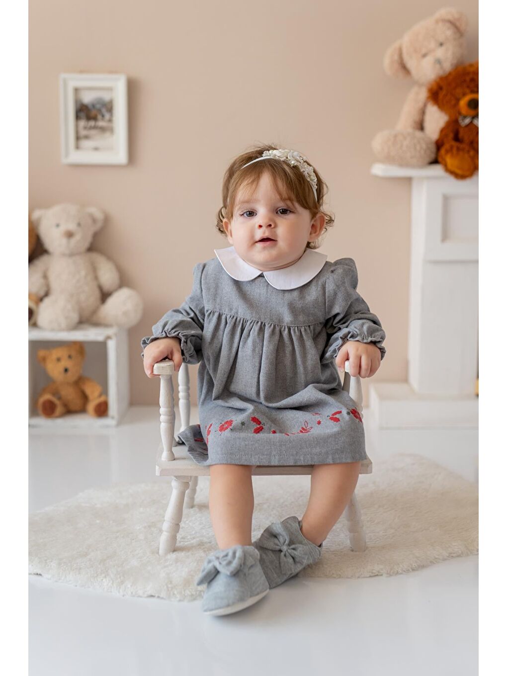 Kız Bebek Bebe Yaka Nakışlı Dokuma Elbise - Gri-1