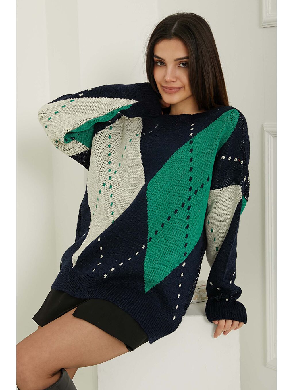 Kadın Bisiklet Yaka Baklava Desen Triko Kazak Lacivert Krem - 26599-1