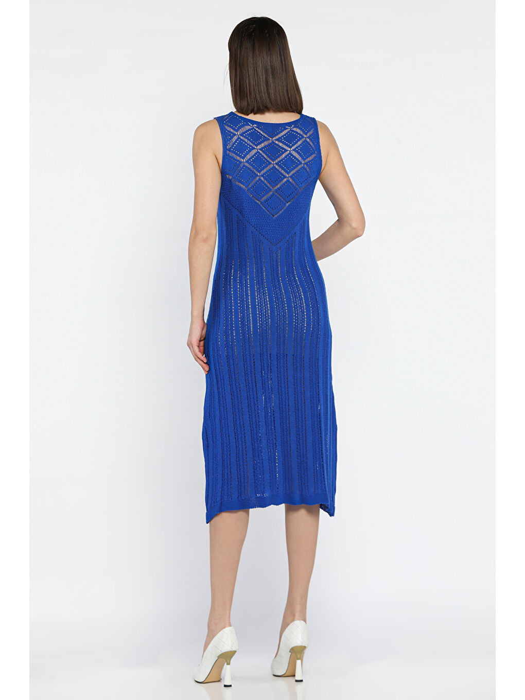 Mavi Örme Detaylı V Yaka Kadın Triko Elbise( İçlikle Giyilmesi Önerilir)-2