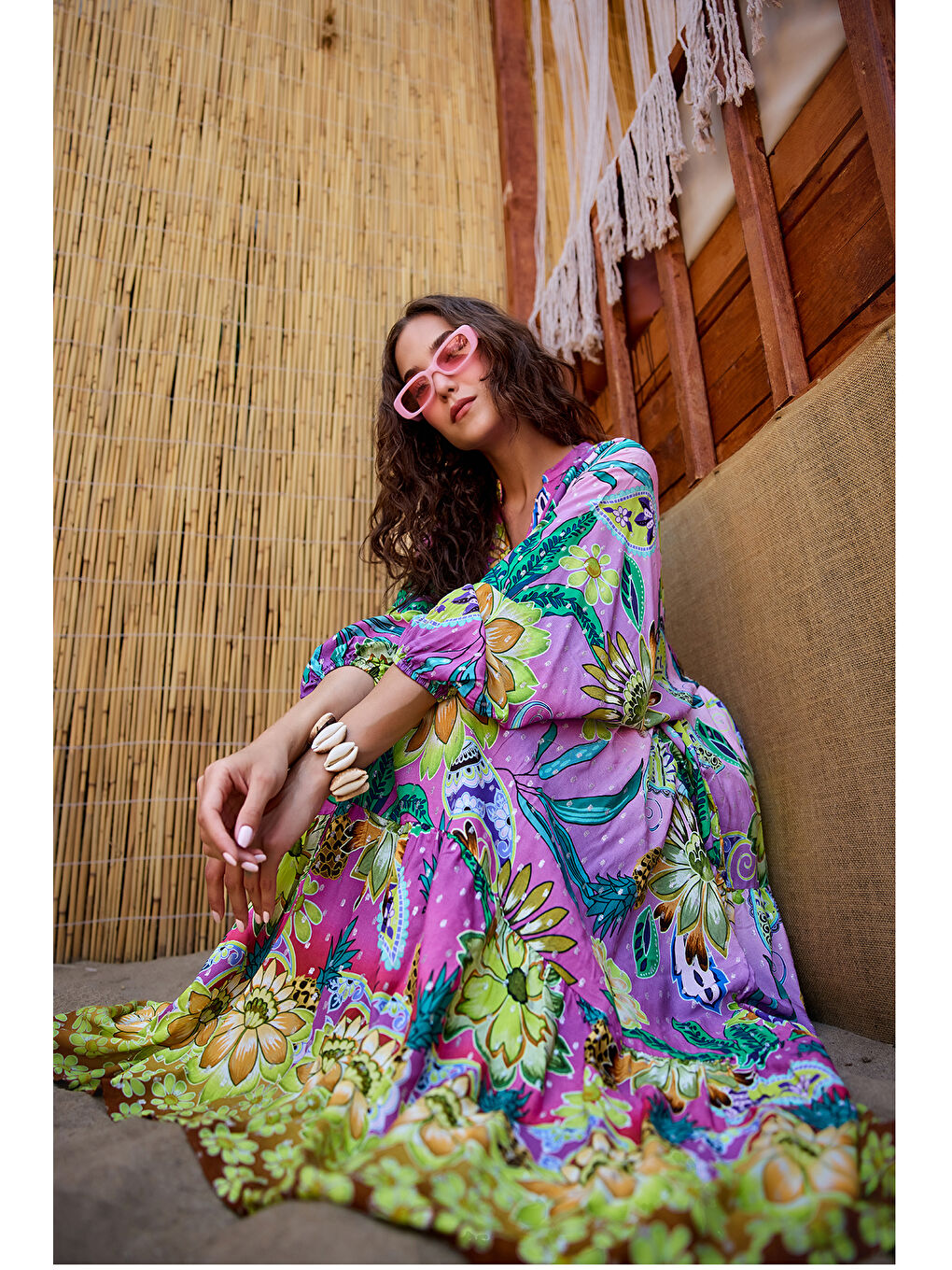 Kadın Soyut Botanik Desen Elbise Pembe-Mor