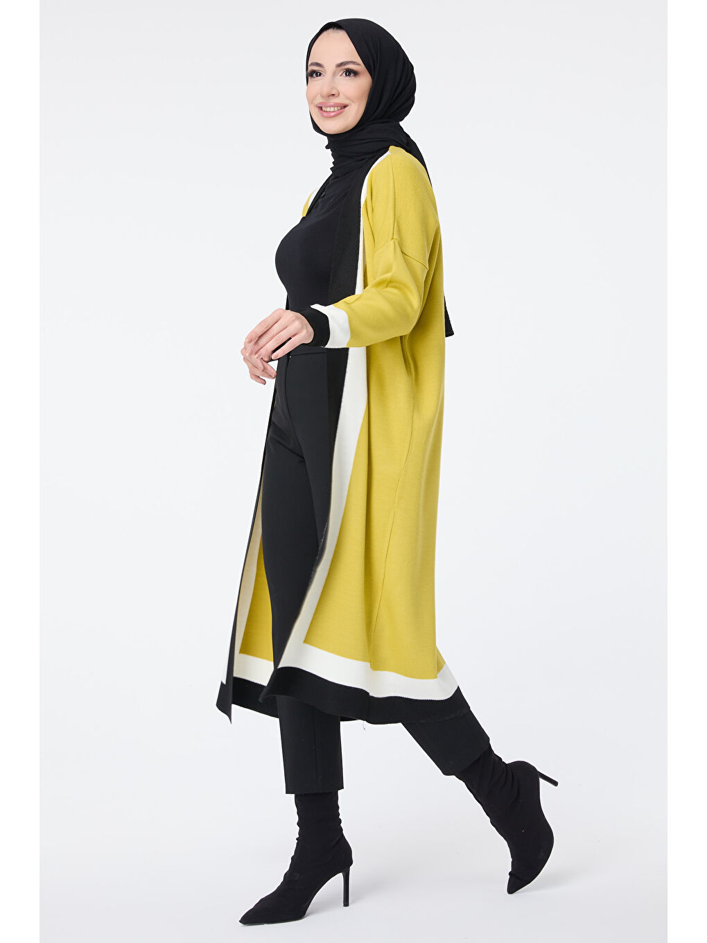 Yeşil Şerit Detaylı Triko Uzun Hırka Fistik Yesili - 27625-3