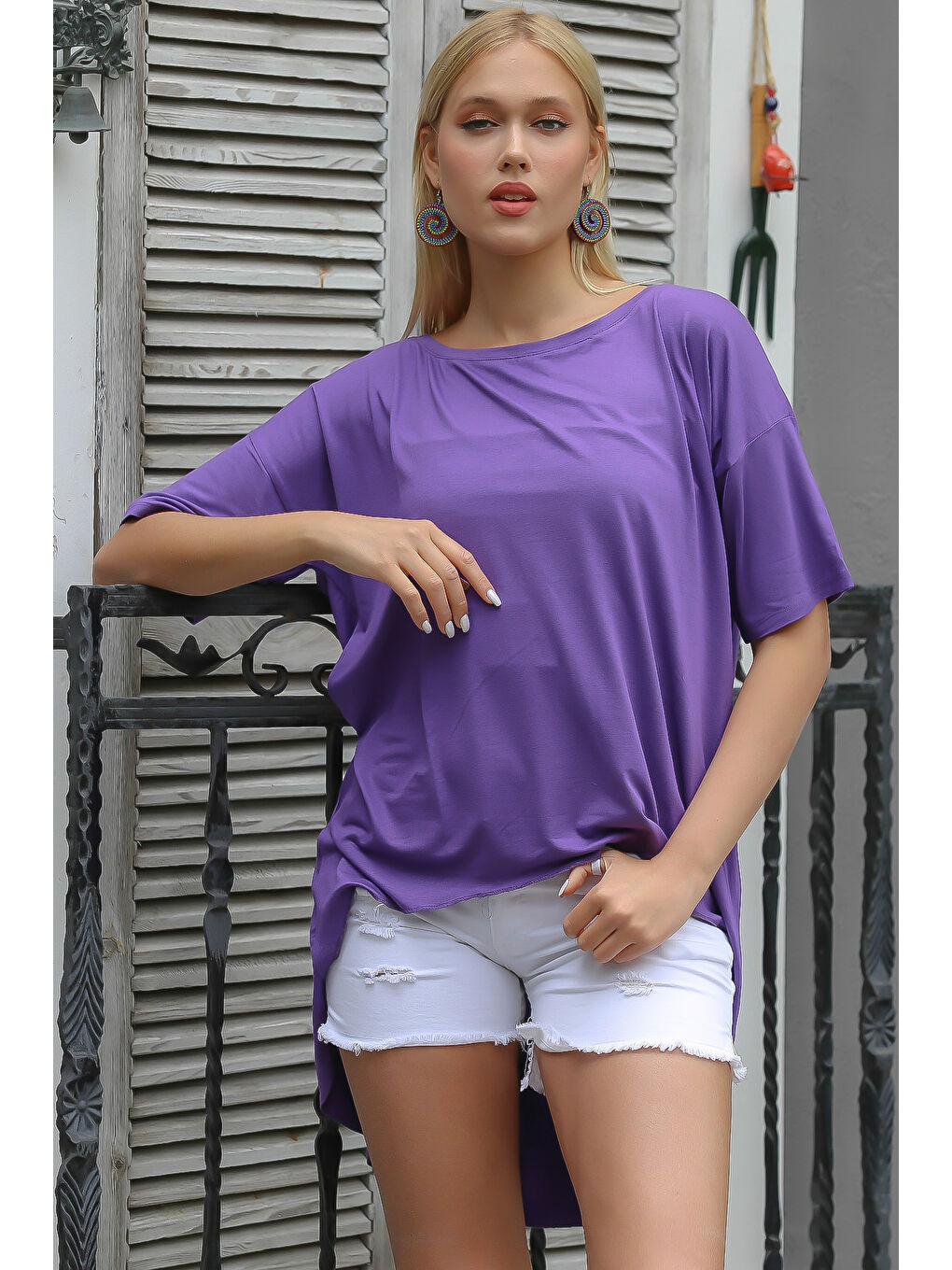 Lila Koyu Leylak Kayık Yaka Kısa Kol Örme Oversize T-Shirt-3