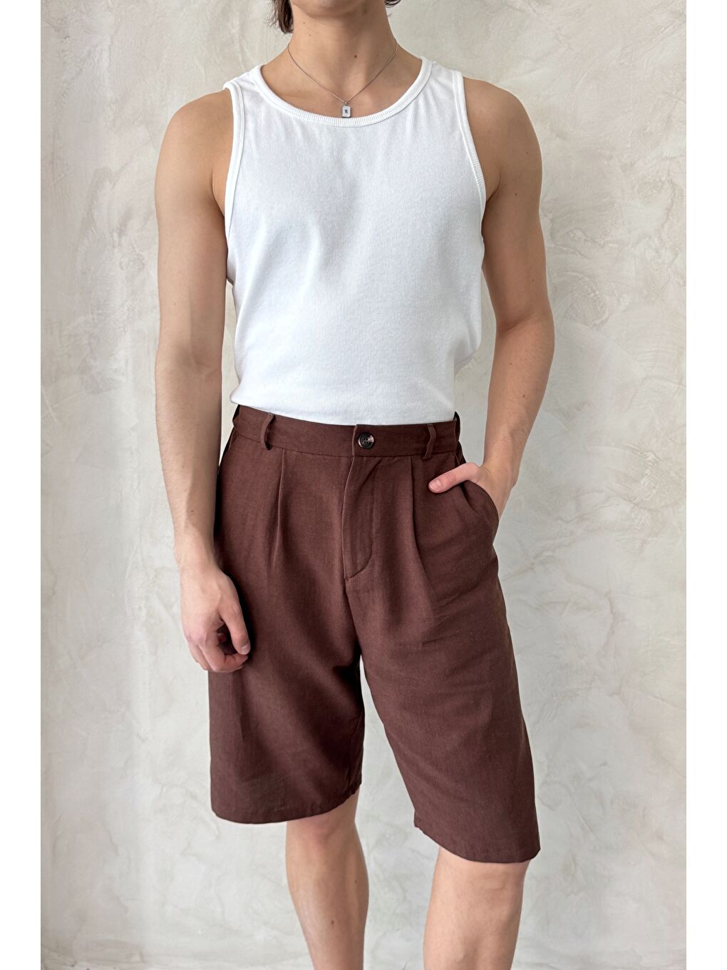 Kahverengi Erkek Pileli Baggy Keten Şort-2