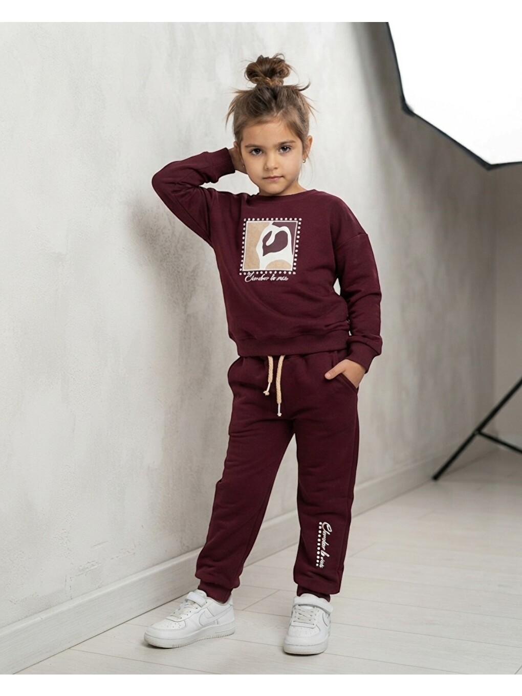 Bordo Kız Çocuk Kışlık 3 İp Şardonlu Baskılı 5-6-7-8-9-10-11-12-13 Yaş Alt Üst Eşofman Takımı