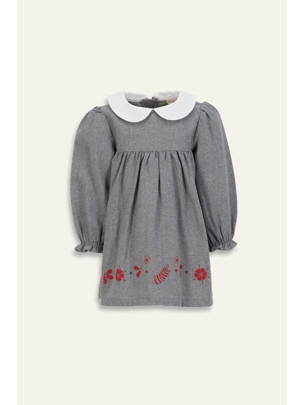 Kız Bebek Bebe Yaka Nakışlı Dokuma Elbise - Gri-2