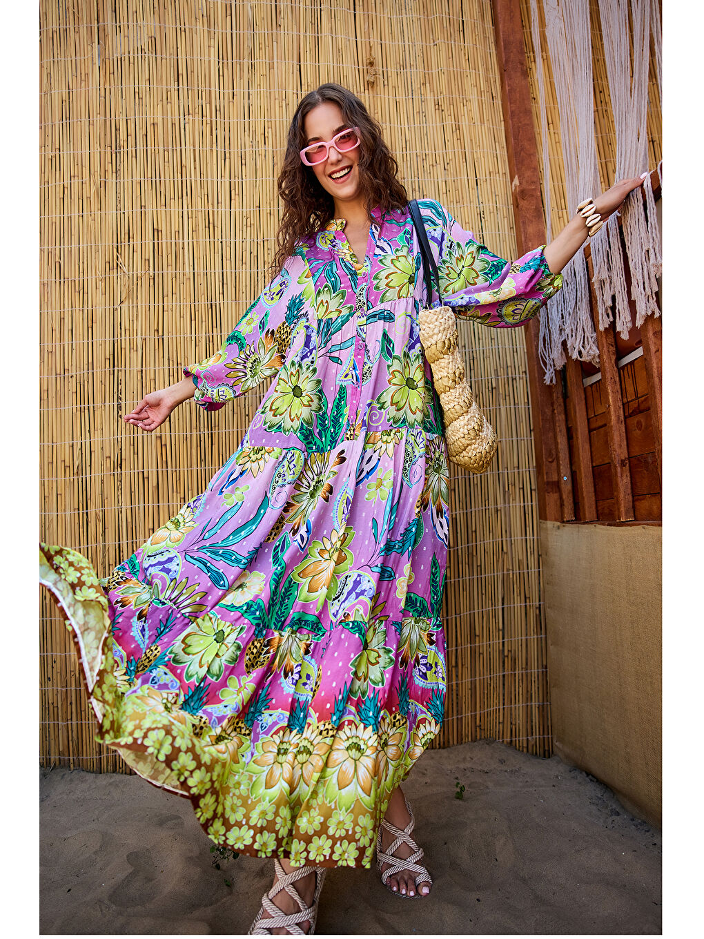 Kadın Soyut Botanik Desen Elbise Pembe-Mor-1