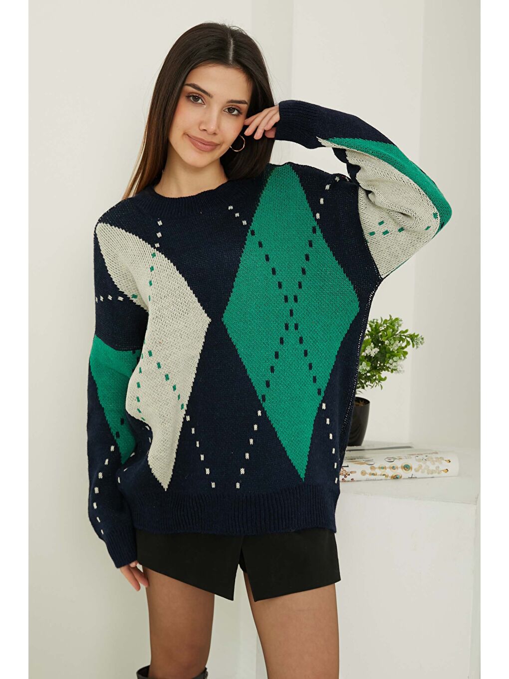 Kadın Bisiklet Yaka Baklava Desen Triko Kazak Lacivert Krem - 26599-2