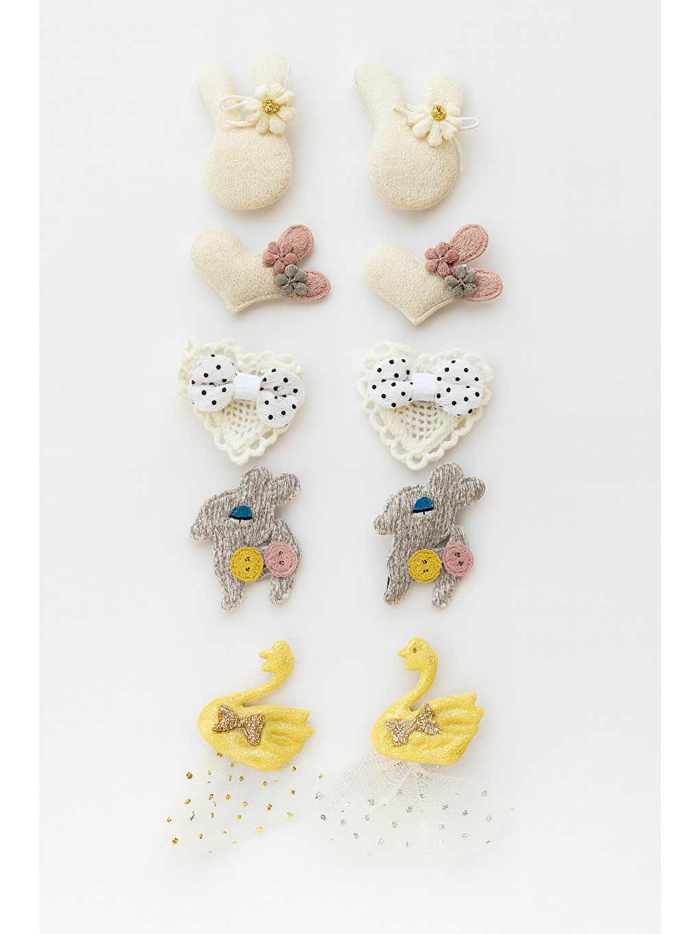Karışık Kız Çocuk Pamuklu Tavşan, Kalp, Geyik Ve Kuğu Figürlü Toka Seti – 8'Li Zarif Saç Aksesuarı
