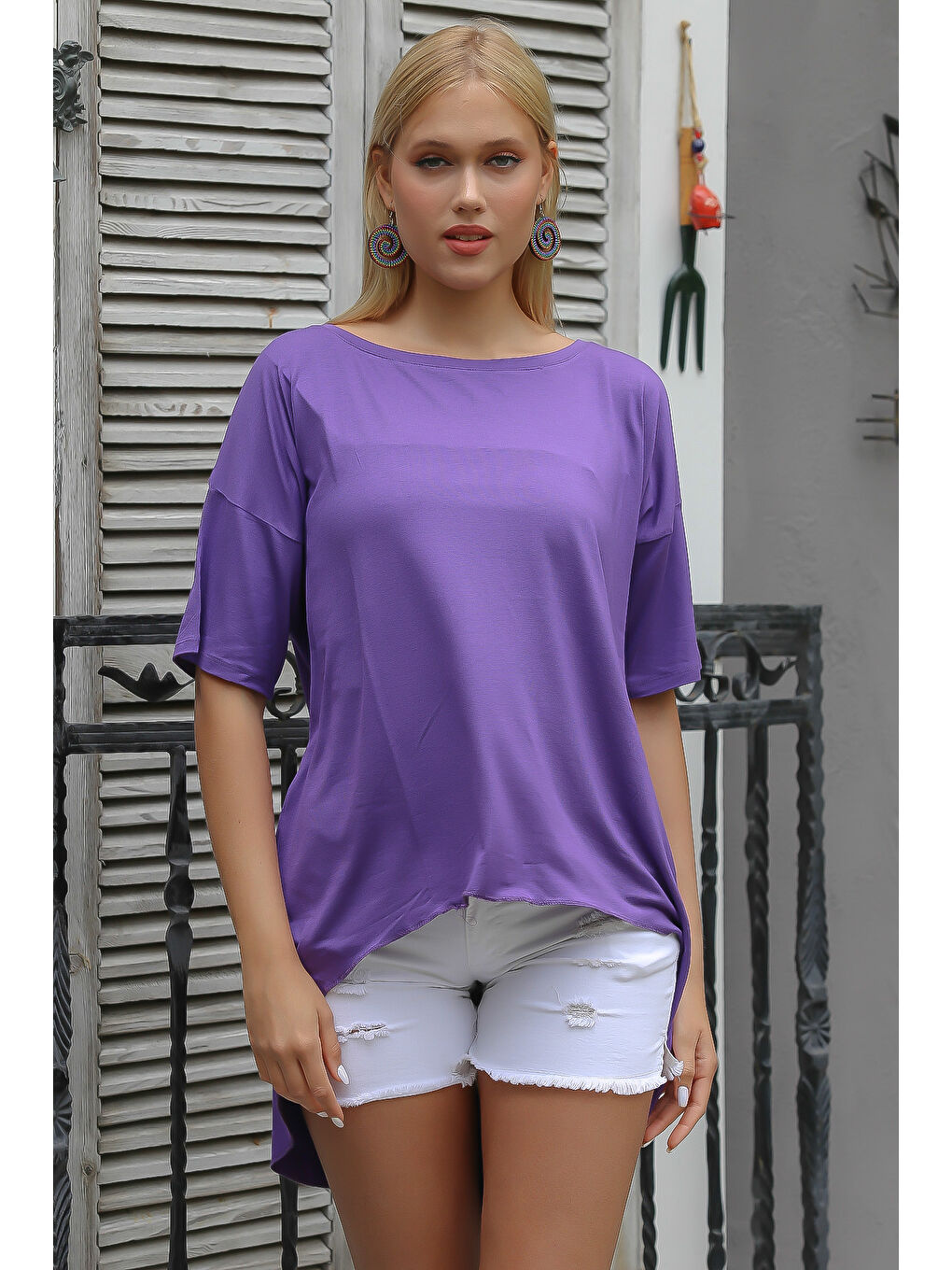 Lila Koyu Leylak Kayık Yaka Kısa Kol Örme Oversize T-Shirt-4