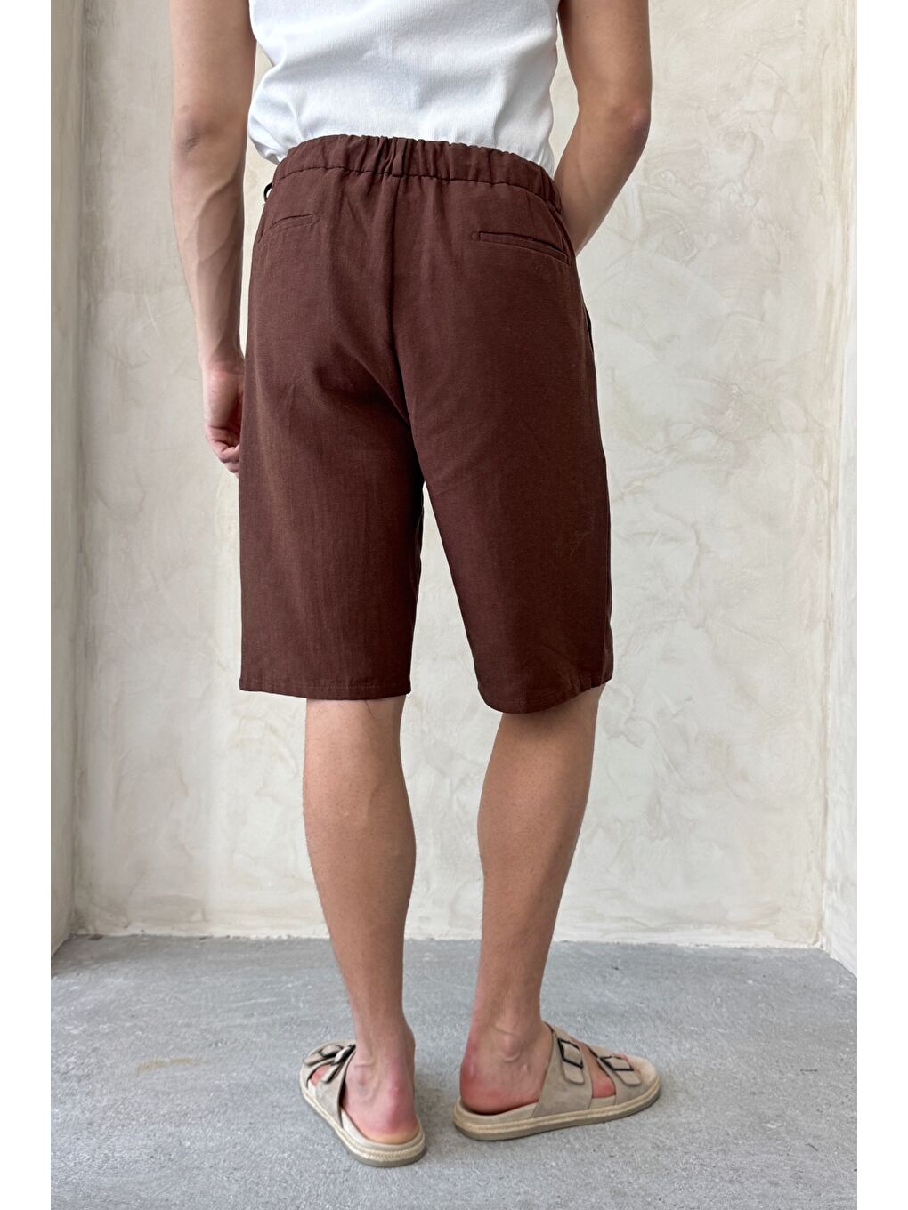 Kahverengi Erkek Pileli Baggy Keten Şort-4
