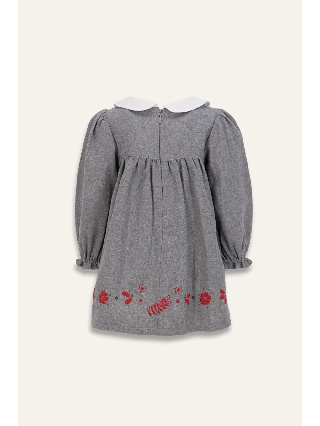 Kız Bebek Bebe Yaka Nakışlı Dokuma Elbise - Gri-3
