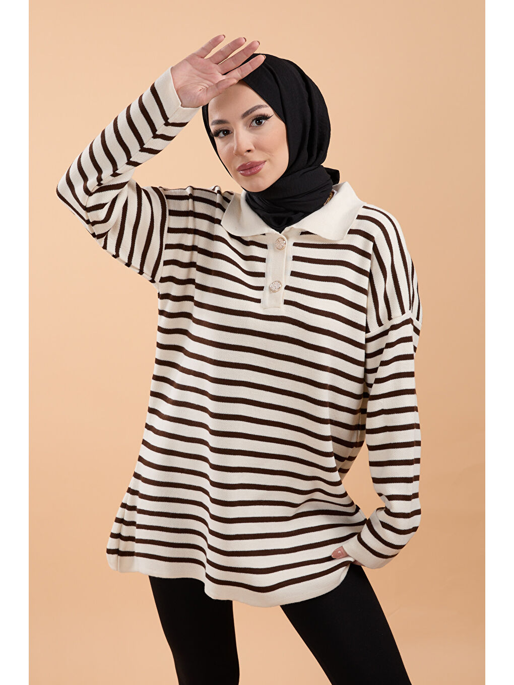 Ekru Çift Düğmeli Çizgili Triko Kazak Krem - 27628-1