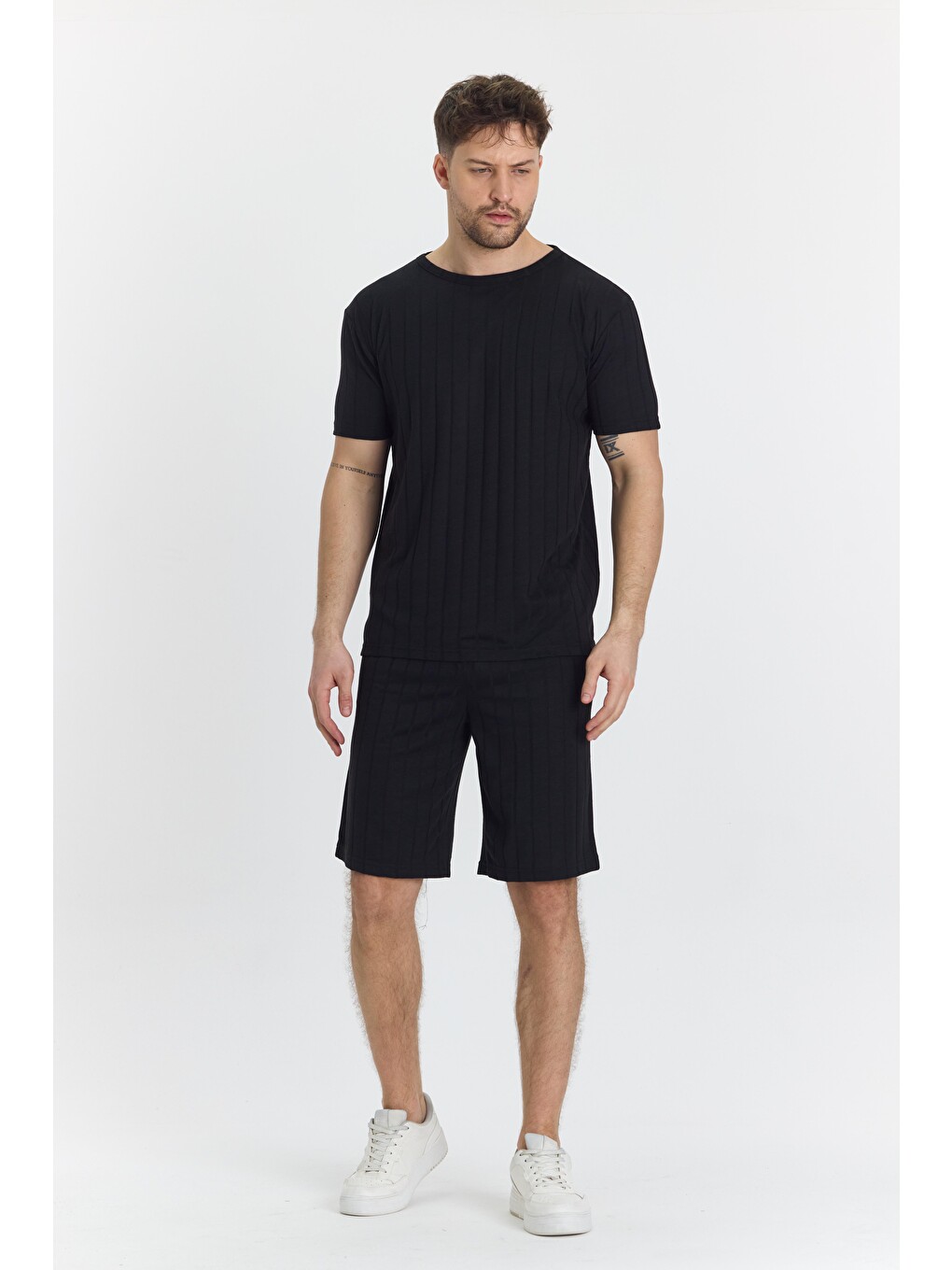 Erkek Çizgli Polycotton T-shirt Şort İkili Takım Siyah 5734-s