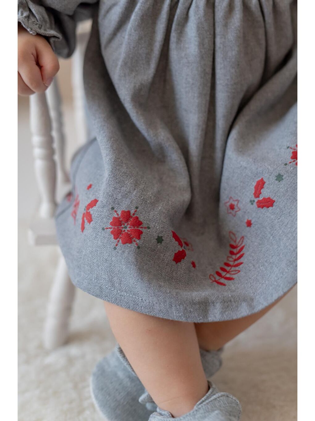 Kız Bebek Bebe Yaka Nakışlı Dokuma Elbise - Gri-4