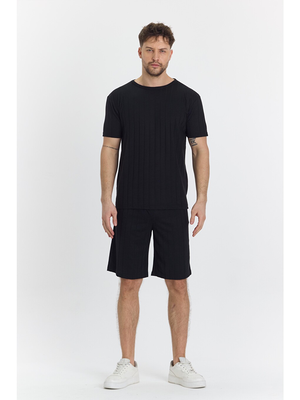 Erkek Çizgli Polycotton T-shirt Şort İkili Takım Siyah 5734-s-1