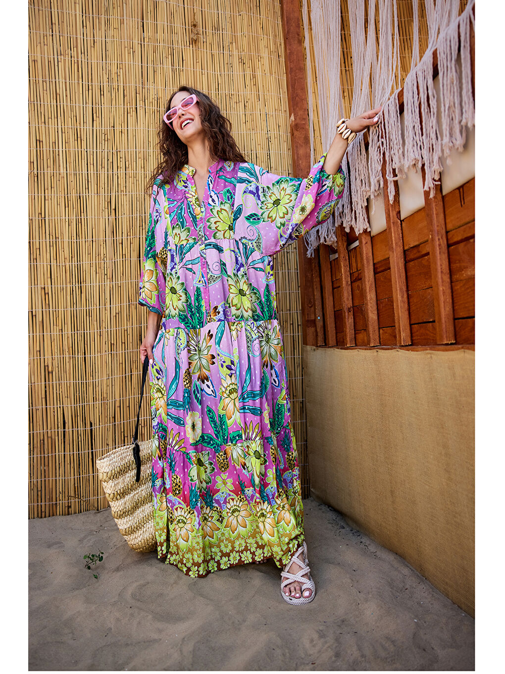 Kadın Soyut Botanik Desen Elbise Pembe-Mor-2