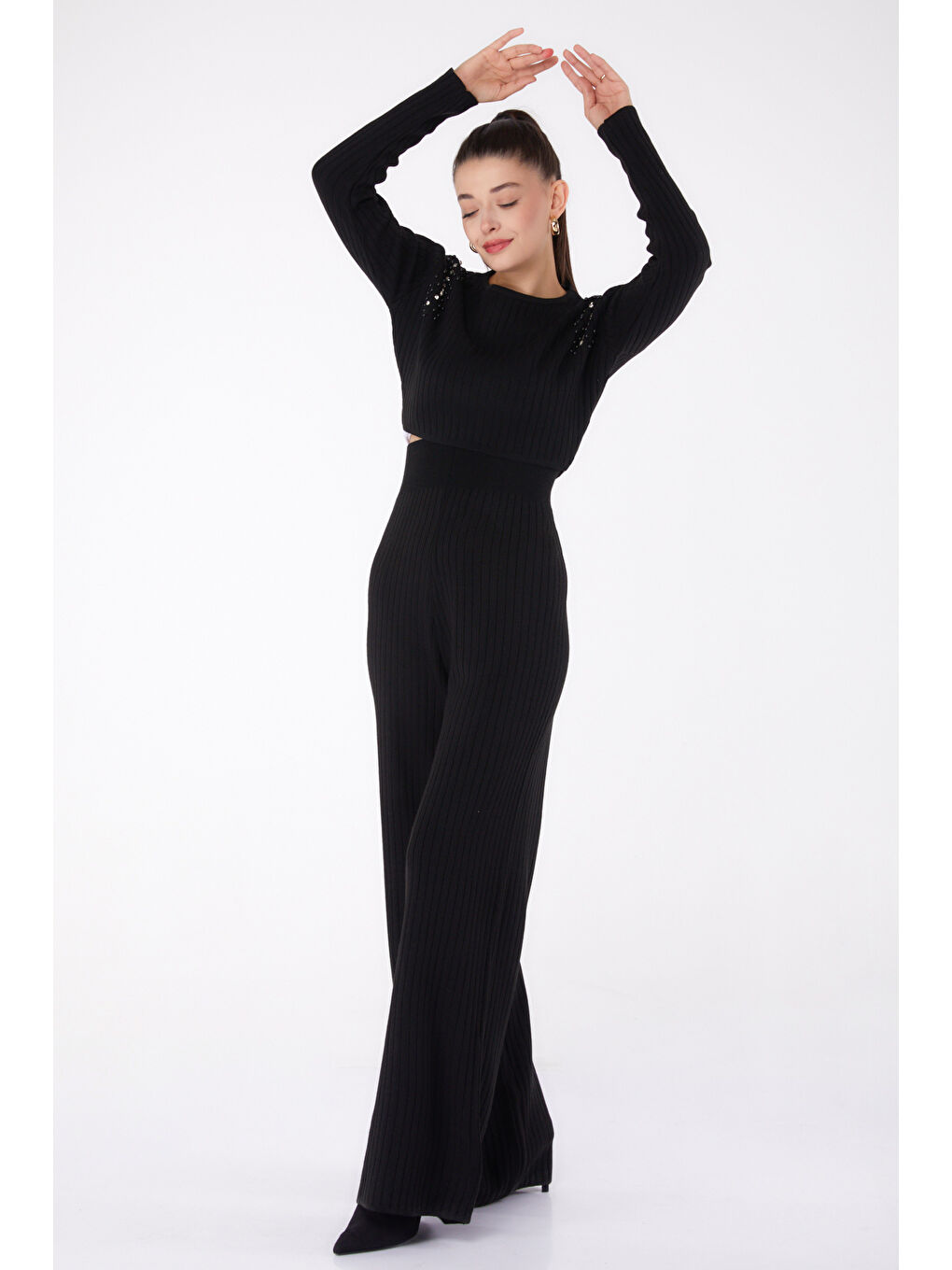 Fitilli Taş Detaylı Triko Takım Siyah - 27633