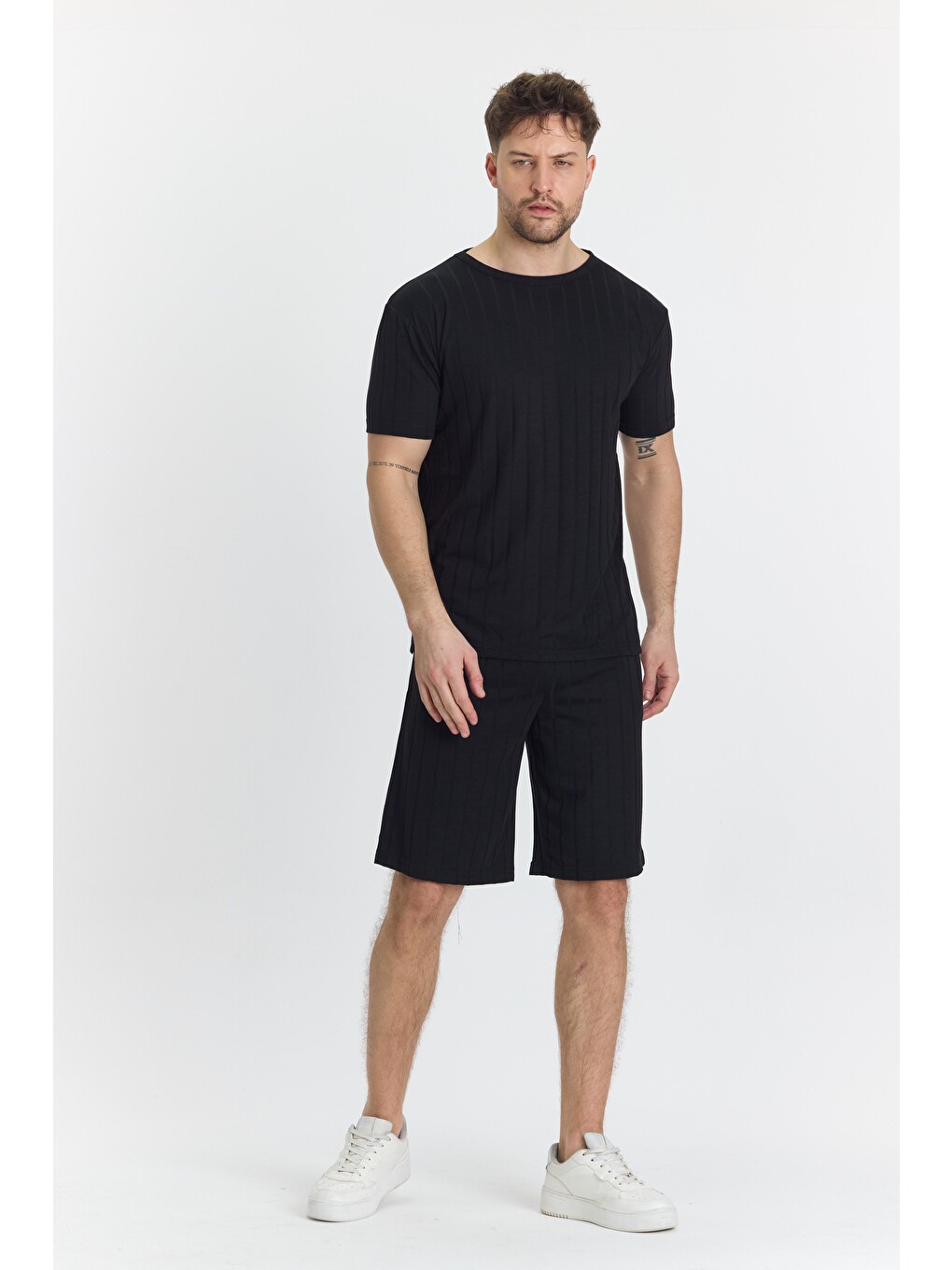 Erkek Çizgli Polycotton T-shirt Şort İkili Takım Siyah 5734-s-2