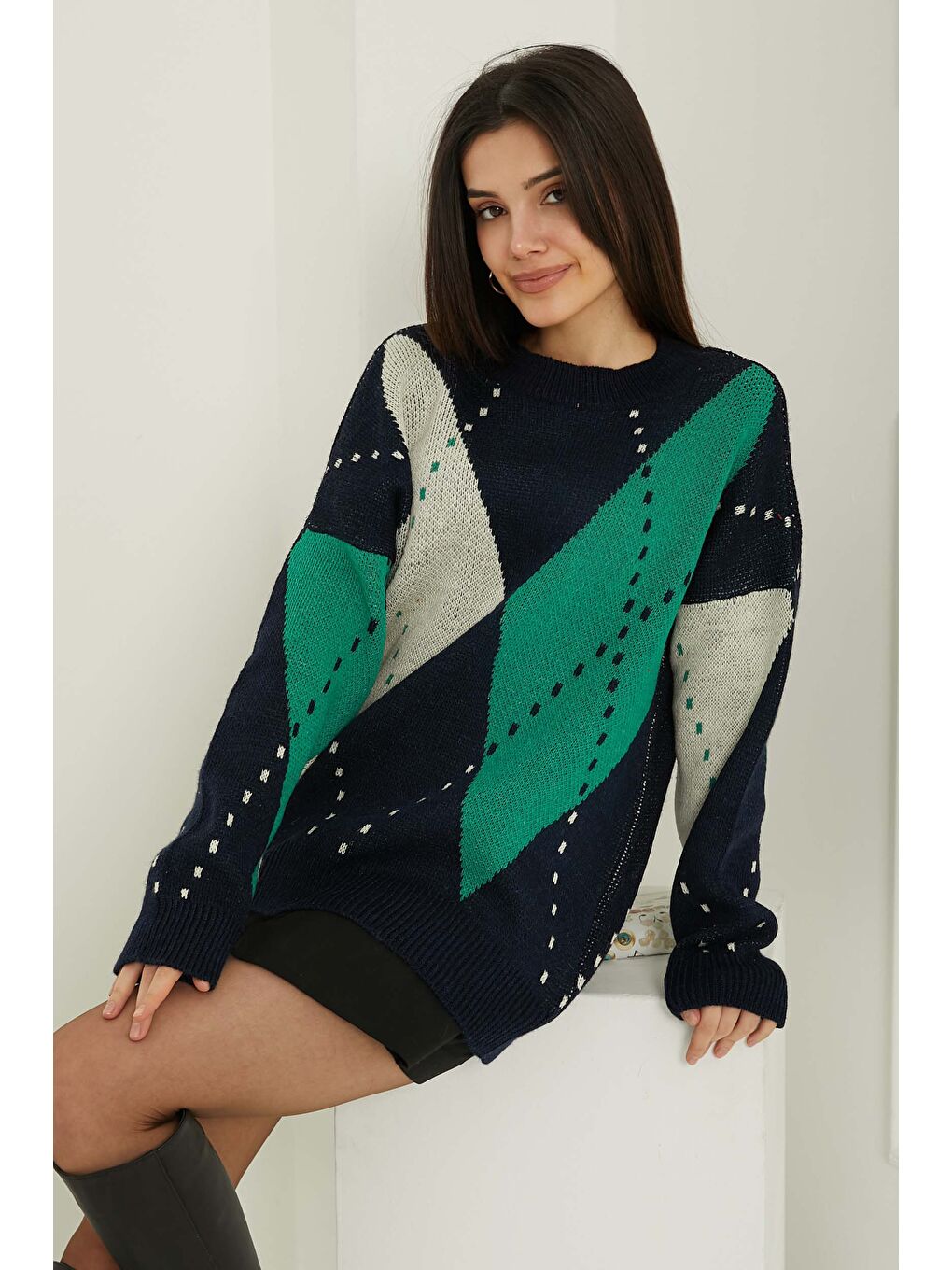 Kadın Bisiklet Yaka Baklava Desen Triko Kazak Lacivert Krem - 26599-3