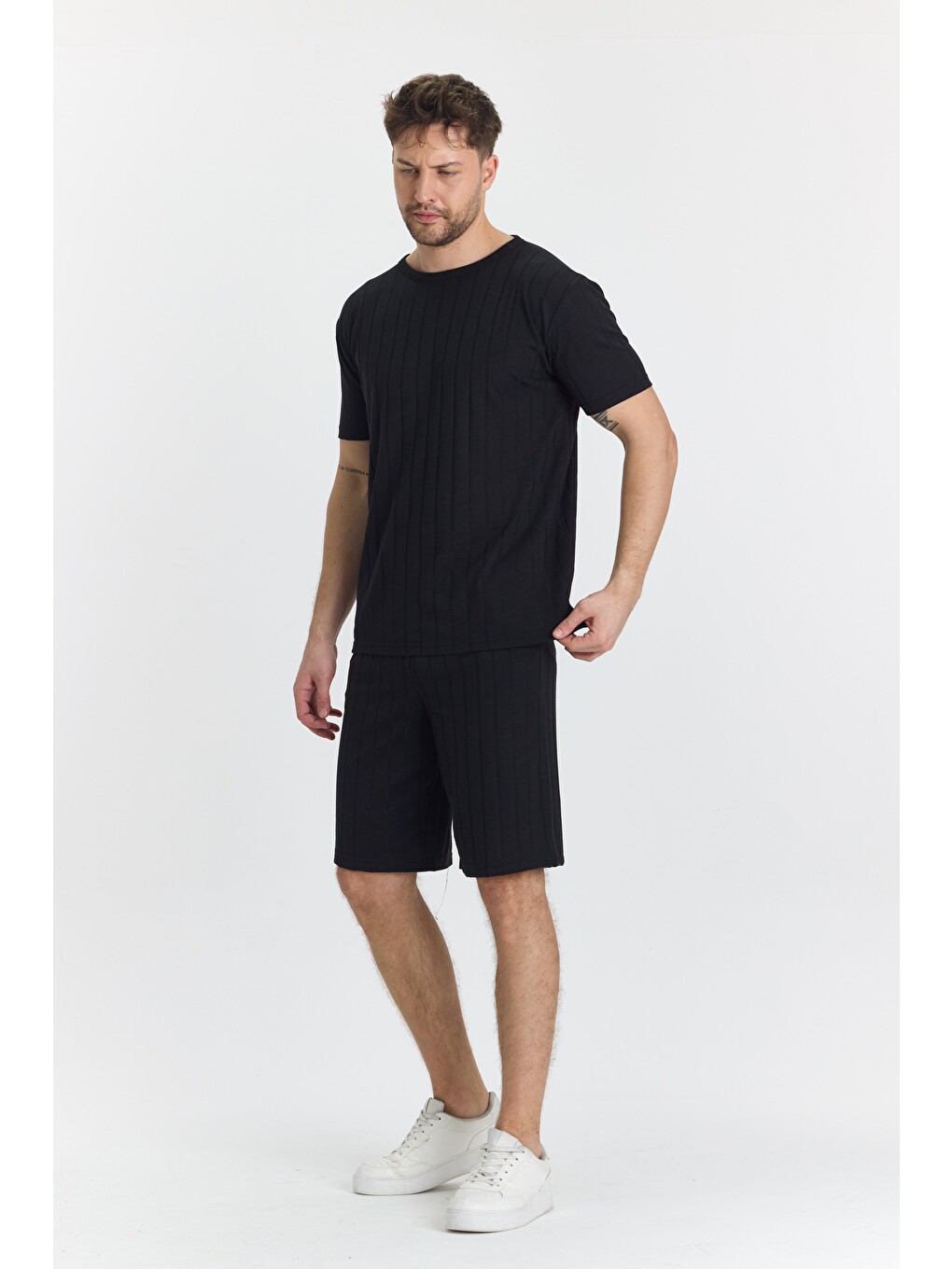 Erkek Çizgli Polycotton T-shirt Şort İkili Takım Siyah 5734-s-3