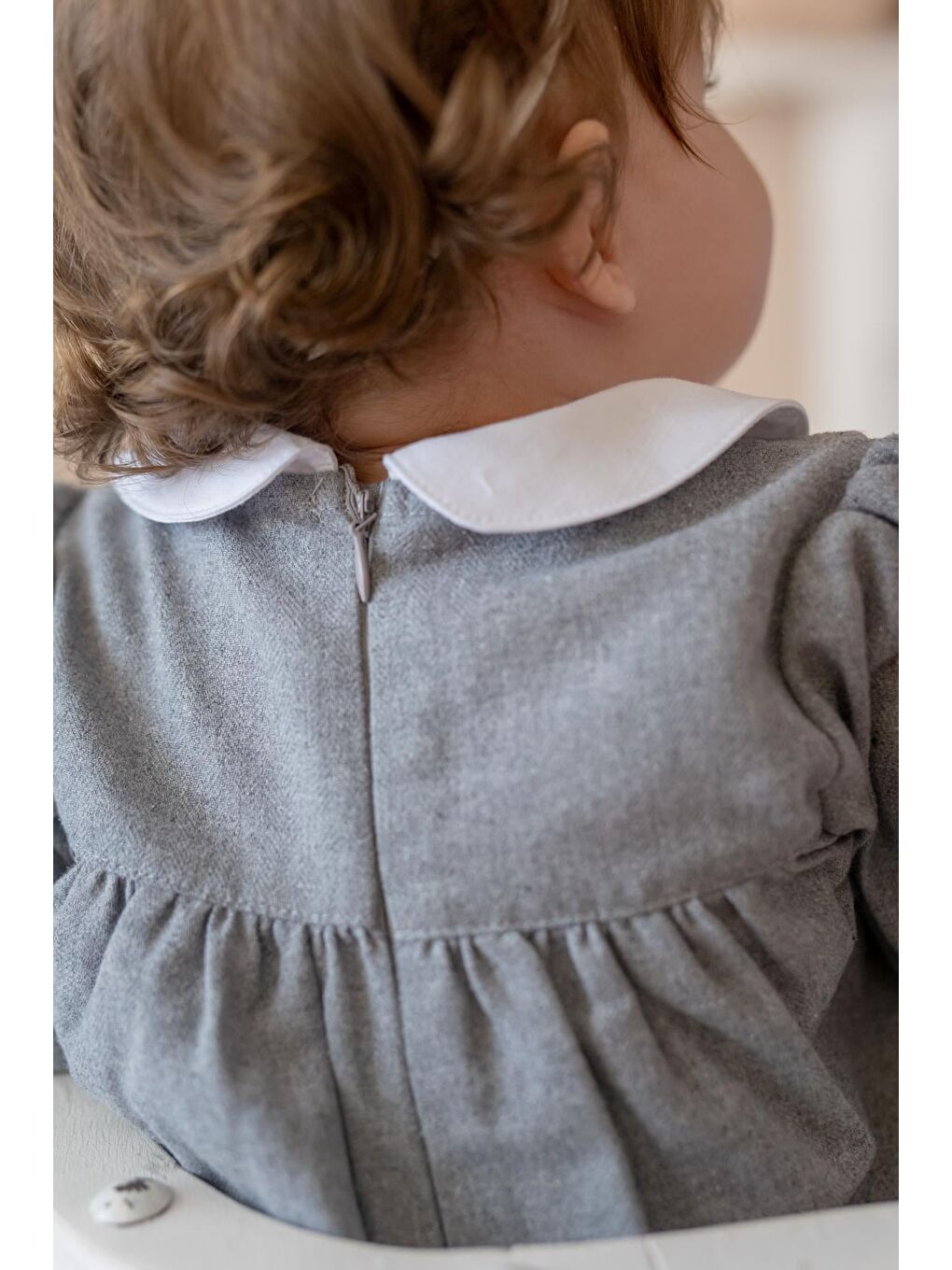 Kız Bebek Bebe Yaka Nakışlı Dokuma Elbise - Gri-5