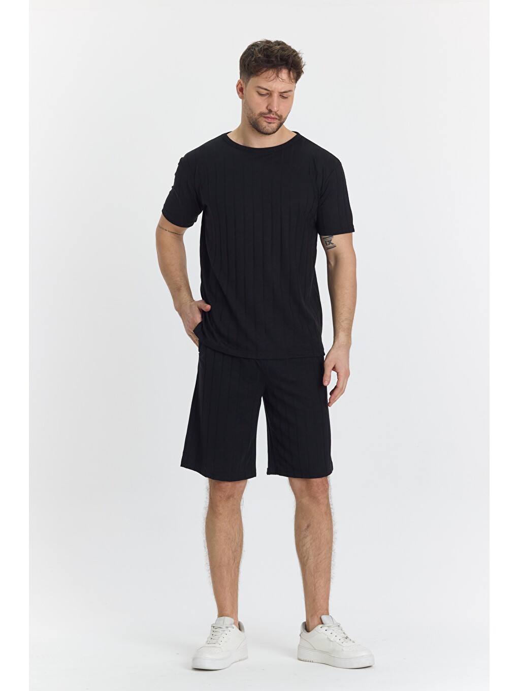 Erkek Çizgli Polycotton T-shirt Şort İkili Takım Siyah 5734-s-4