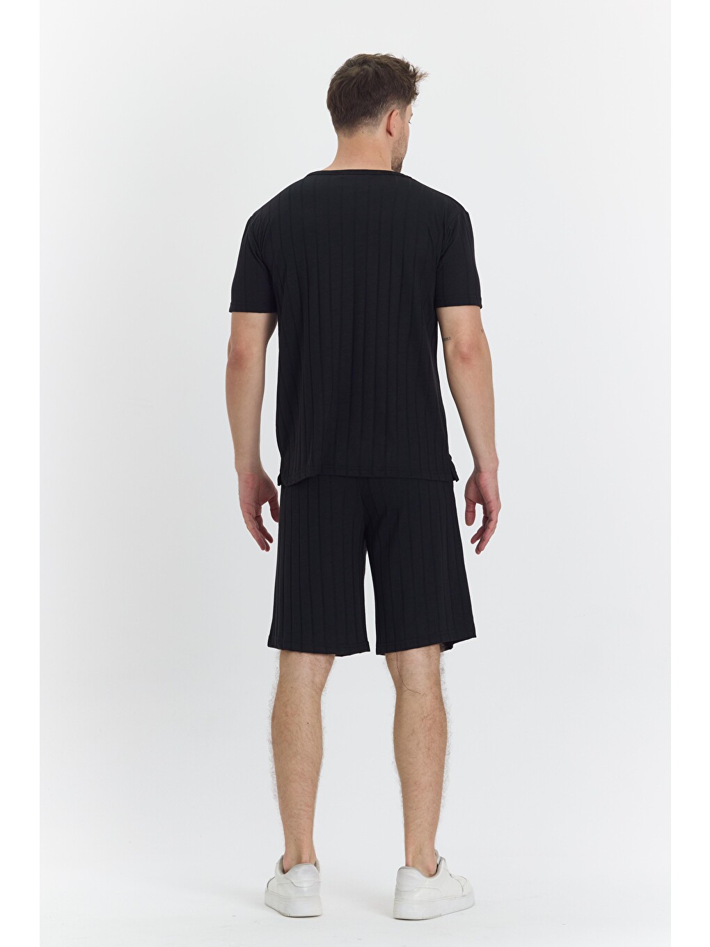 Erkek Çizgli Polycotton T-shirt Şort İkili Takım Siyah 5734-s-5
