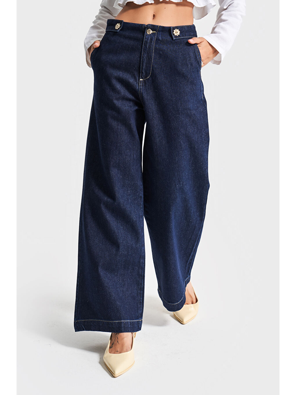 Kadın İndigo Renk 7s5-50 Culotte Fit Bol Kesim Viskon Pamuk Kumaş İç Boy 68cm Denim Jean