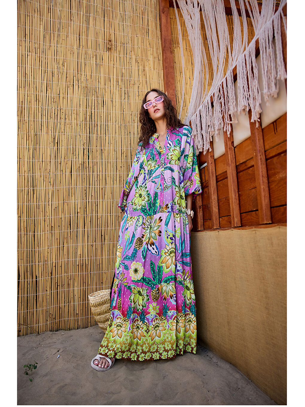 Kadın Soyut Botanik Desen Elbise Pembe-Mor-3