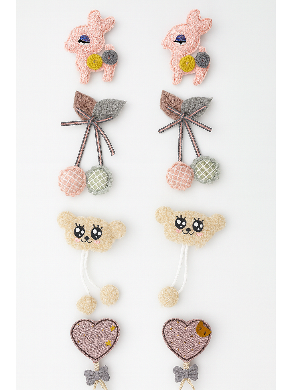 Karışık Kız Çocuk Pamuklu Tavşan, Ayıcık, Kiraz Ve Kalp Figürlü Toka Seti – 8'Li Sevimli Saç Aksesuarı