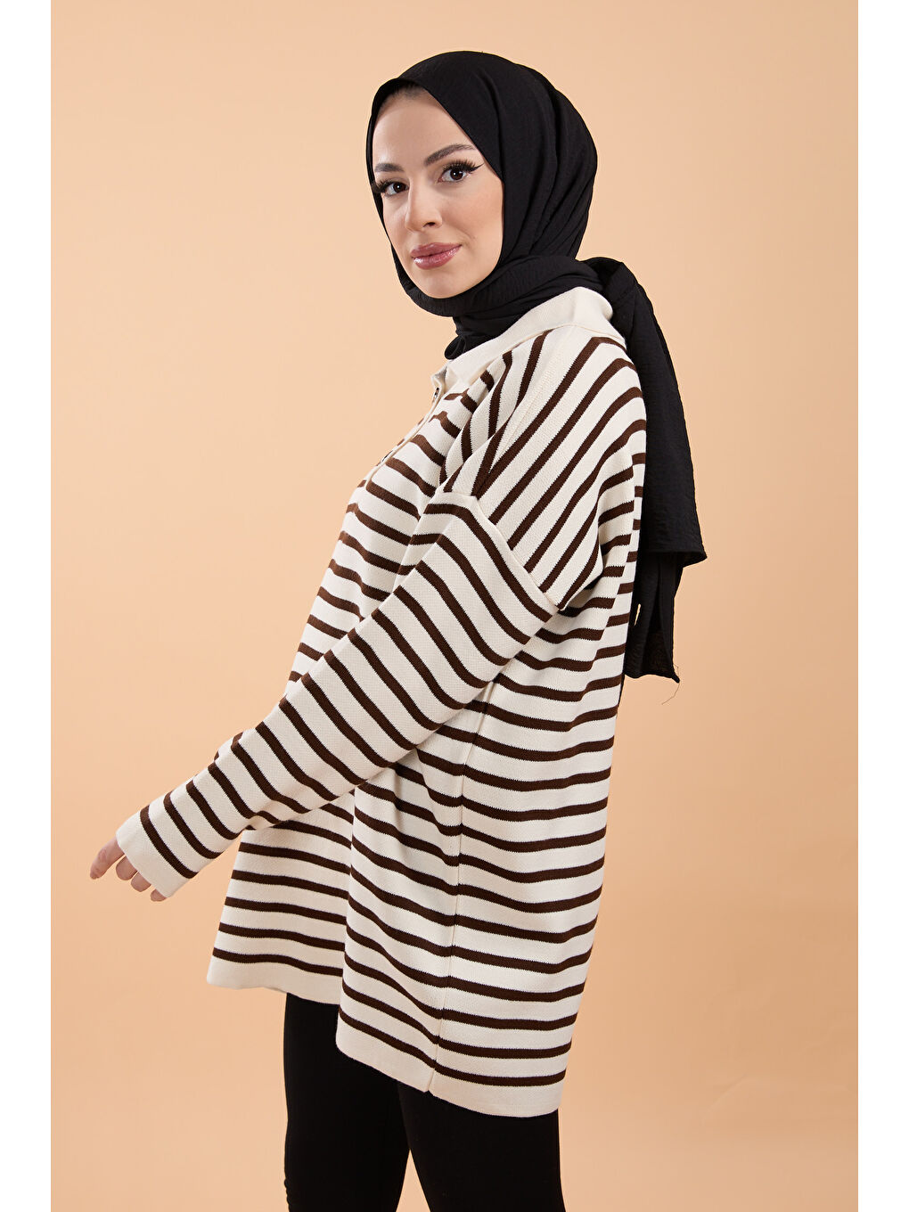 Ekru Çift Düğmeli Çizgili Triko Kazak Krem - 27628-2