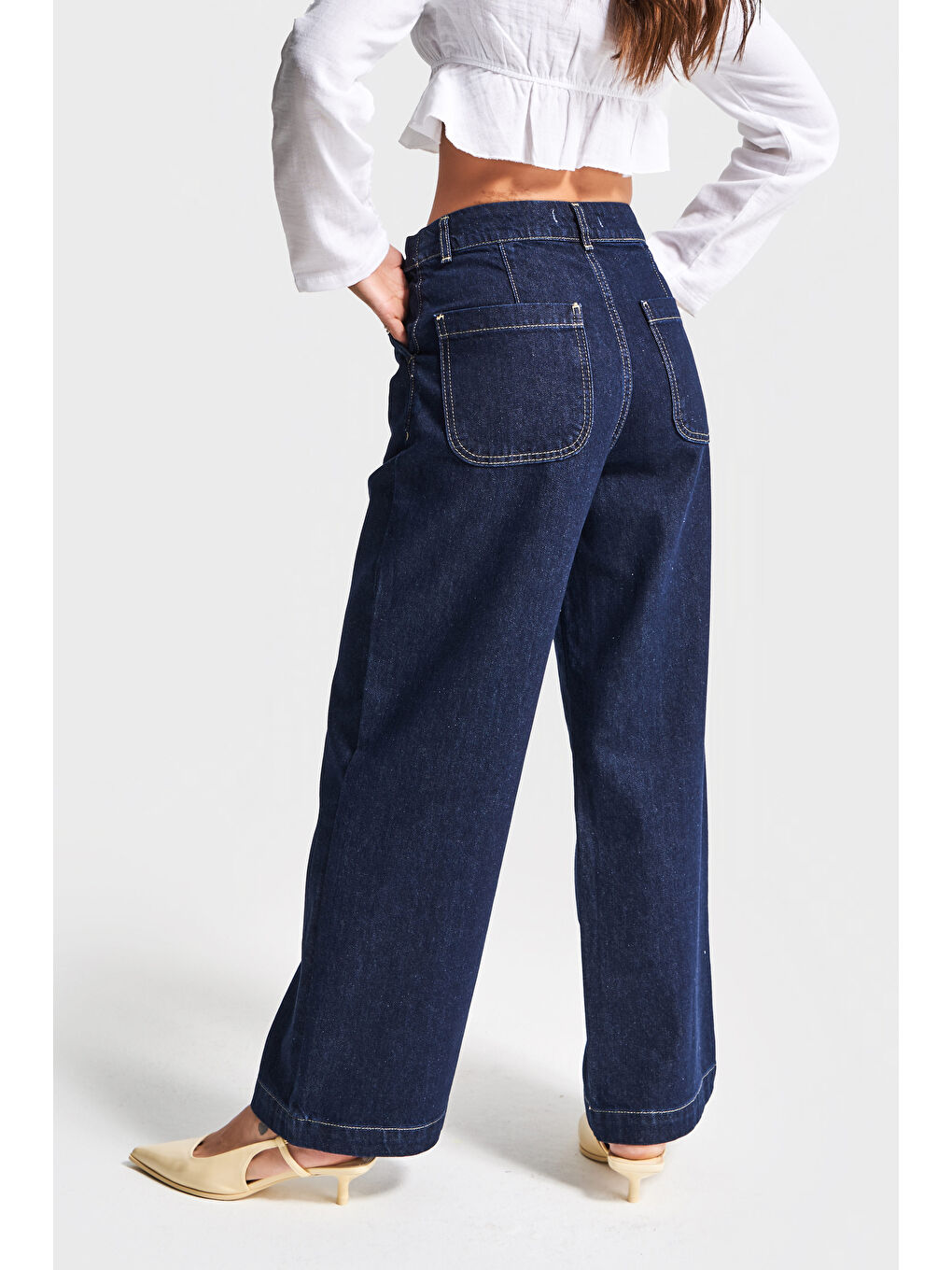 Kadın İndigo Renk 7s5-50 Culotte Fit Bol Kesim Viskon Pamuk Kumaş İç Boy 68cm Denim Jean-2