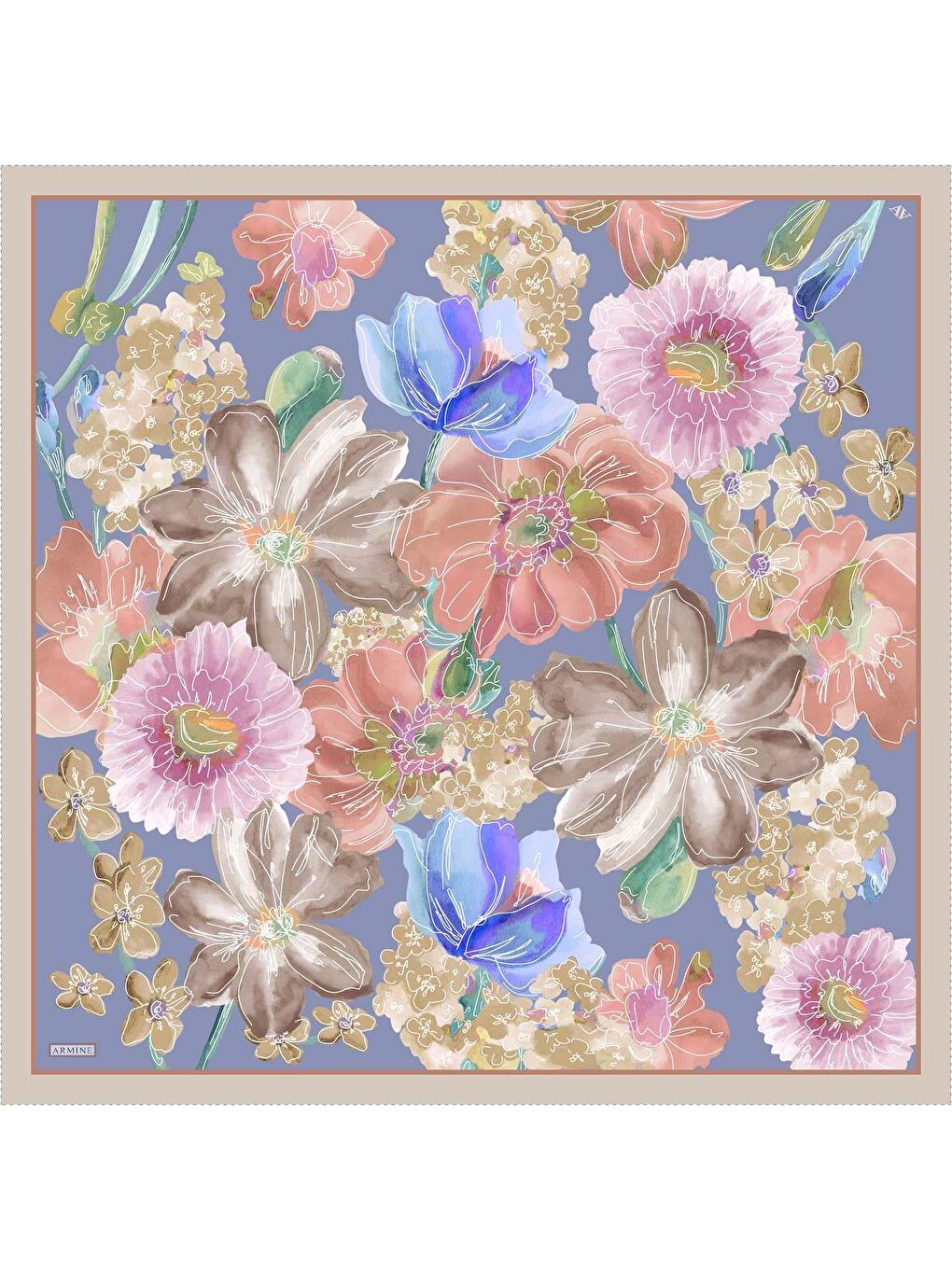 Turuncu Çiçek Desenli Saf İpek Sura Eşarp 9318 07-3